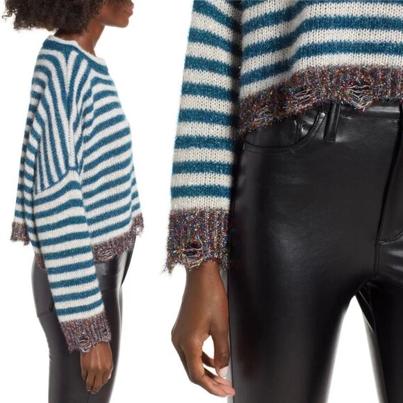 Nordstrom Pima Tinsel Striped Sweater Blue Size Medium Blue White Glitter Bling - Picture 2 of 12